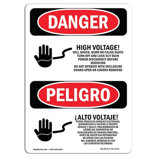 Safety Sign, OSHA, 24" Height, Rigid Plastic, High Voltage Will Shock Death Spanish